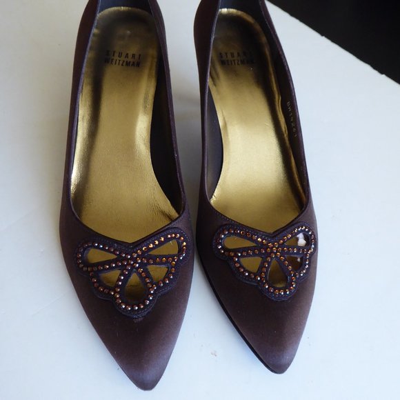 Stuart Weitzman Kitten Heel Brown Fabric Cut Out Beaded Design Pump US Size 8 - Picture 3 of 12